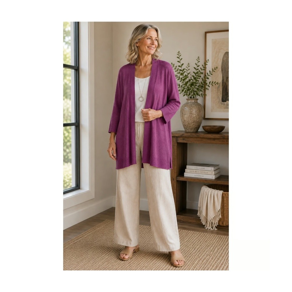 Eileen Fisher Women 100% Linen Cardigan XL Purple Minimalist Open Front Knit